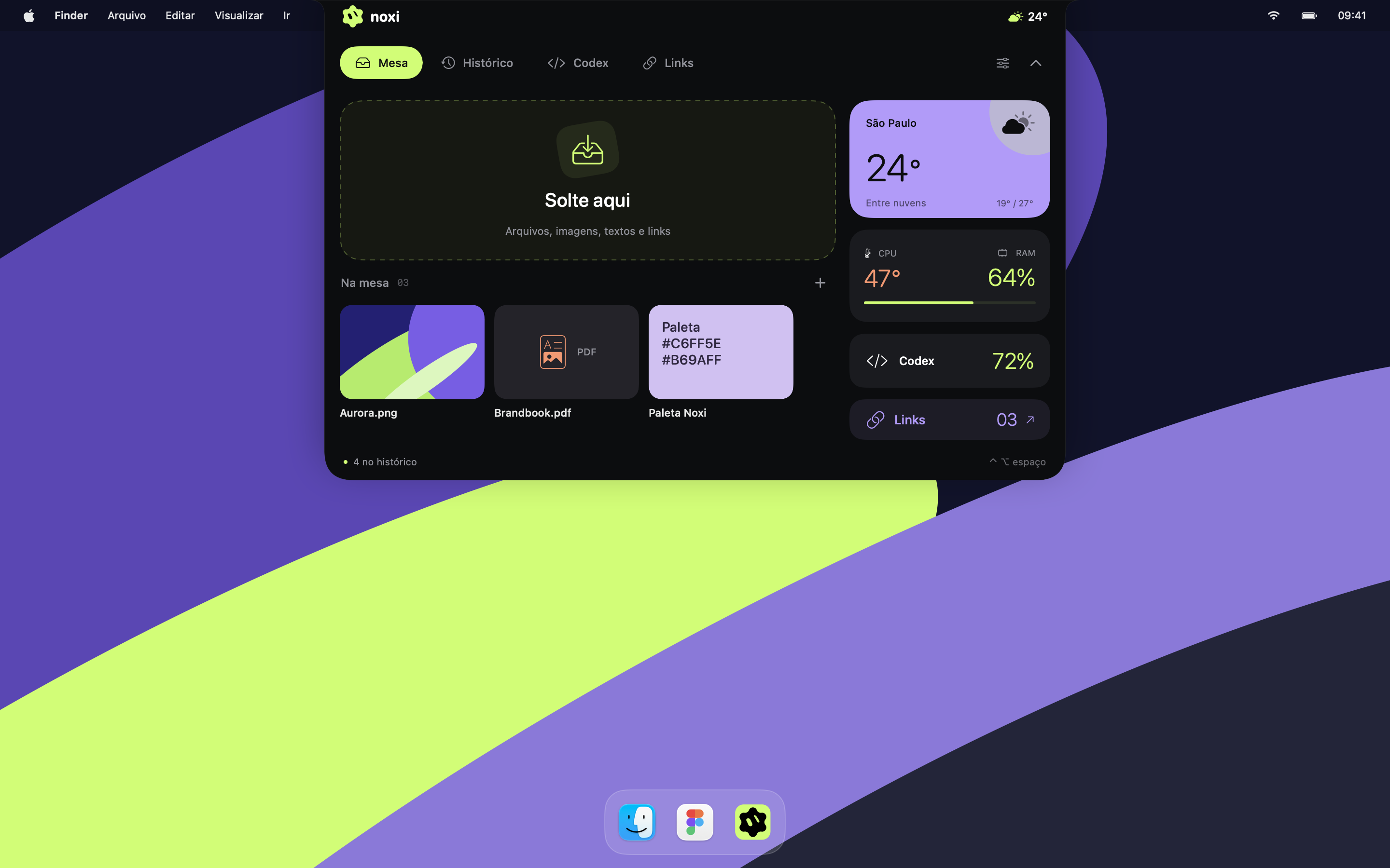 Interface real do Noxi: Mesa com arquivos, imagens, textos, clima e monitoramento do Mac